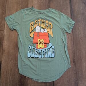 Peanuts Rather Be Sleeping Women's Large Shirt Green Cartoon